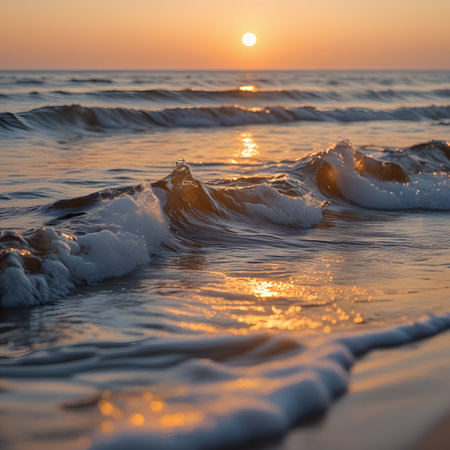 Beautiful sunset over the sea. Sunrise on the beach. Sea waves.の素材