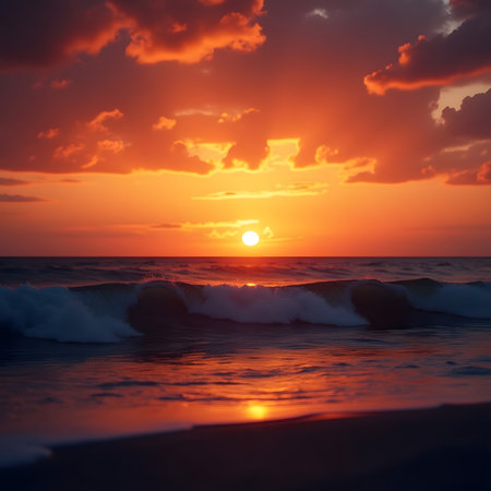 Beautiful sunset over the sea. Sunset over the sea. The sun sets over the ocean.の素材