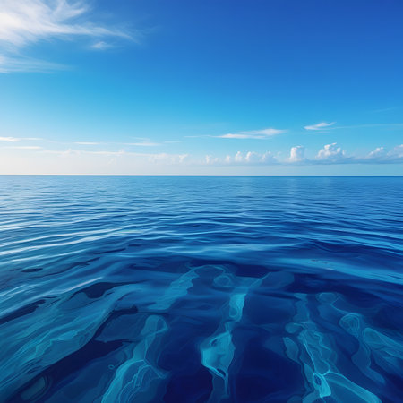 Blue sea and sky with clouds reflected in water. 3D illustrationの素材