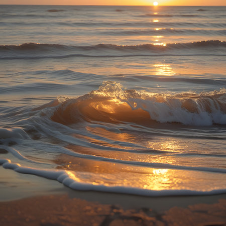 Sunset on the beach. Beautiful seascape with waves.の素材