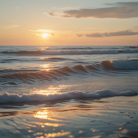Beautiful sunset on the beach. Sea waves. Seascapeの素材