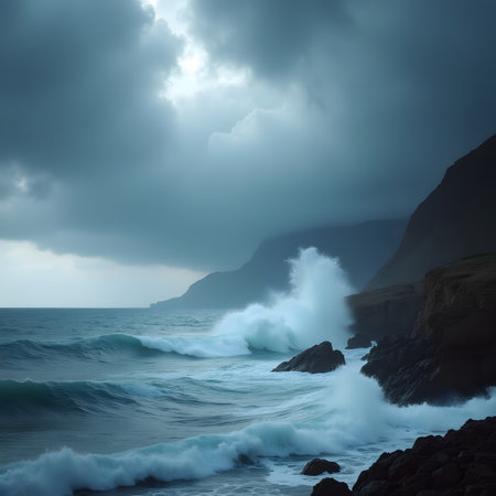 Beautiful seascape with stormy clouds. Long exposure.の素材