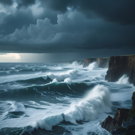 Stormy Atlantic Ocean at sunset, Cliffs of Moher, Irelandの素材