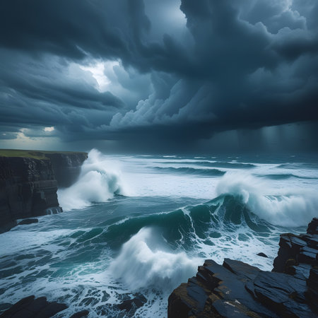 Stormy sea with stormy clouds. Epic seascape.の素材