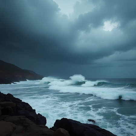 Stormy seascape with stormy sky. Long exposure.の素材