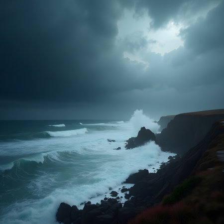 Dramatic stormy seascape with ocean waves crashing on the rocksの素材