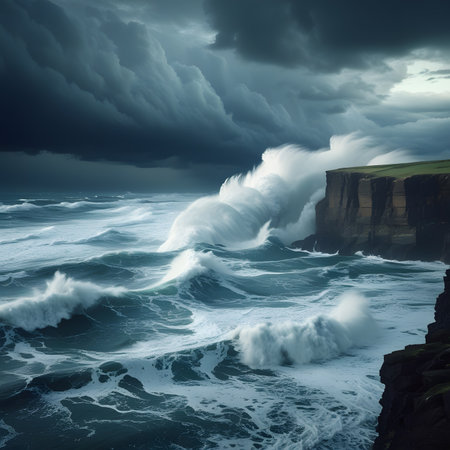 Stormy sea. Epic seascape with stormy ocean wavesの素材