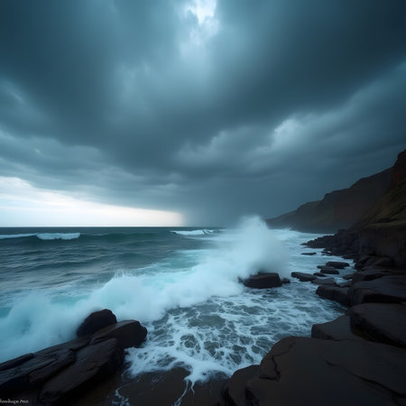 Stormy seascape at sunset. Long exposure. Iceland, Europe. Beauty world.の素材