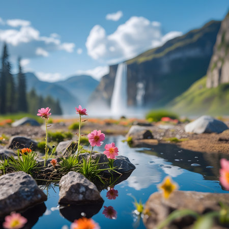 Beautiful view of waterfall and blooming flowers in summer in the mountainsの素材