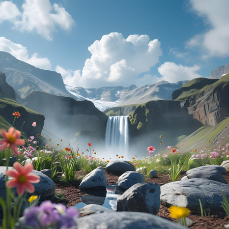 Fantasy landscape with Skogafoss waterfall, Iceland, Europeの素材