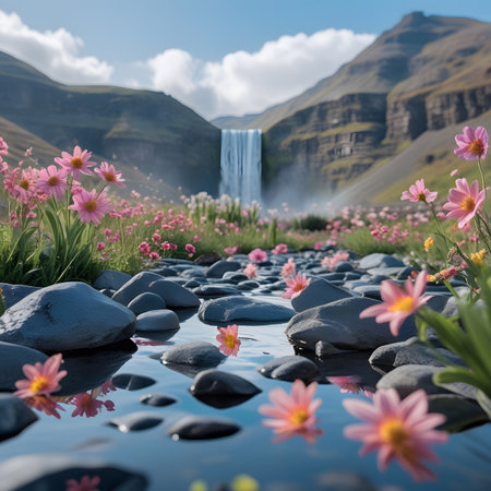 Skogafoss waterfall in Iceland with pink flowers in foreground.の素材
