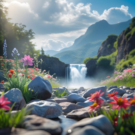 beautiful summer landscape with a waterfall and flowers in the foreground.の素材