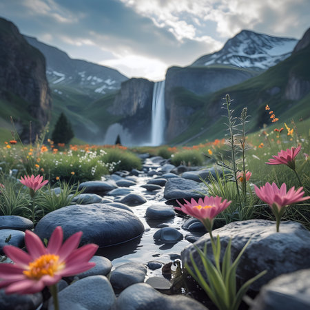 Beautiful spring landscape with waterfall in the mountains and flowers in the foregroundの素材