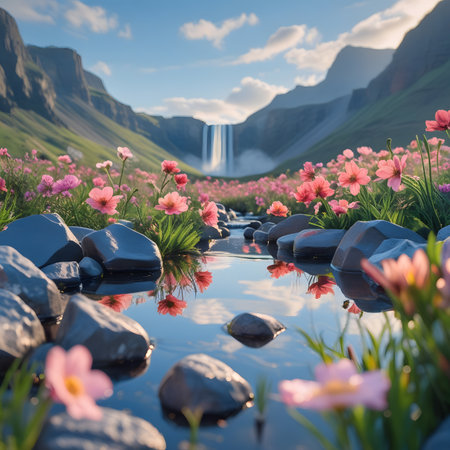 Flower field in front of the Skogafoss waterfall in Icelandの素材