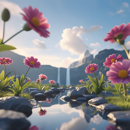 Beautiful landscape with flowers and mountains in the background. 3d renderingの素材