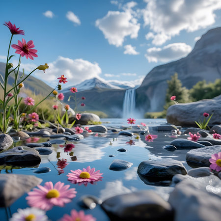Waterfall and flowers in Yosemite National Park, California, USA.の素材
