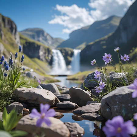 Beautiful spring landscape with blooming flowers and waterfall in Norway.の素材
