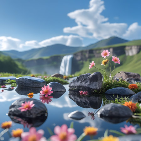 Fantasy landscape with waterfall and flowers in water. 3d renderingの素材