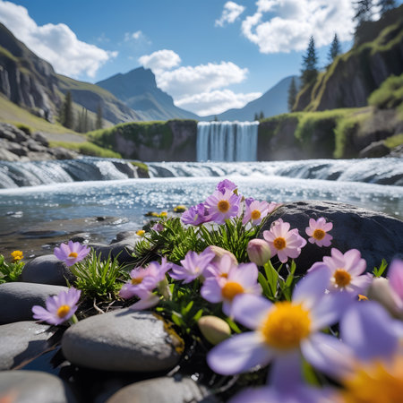 Beautiful spring flowers in front of Skogafoss waterfall in Icelandの素材