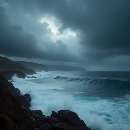 Stormy Atlantic Ocean on the north coast of Iceland. Long exposure.の素材