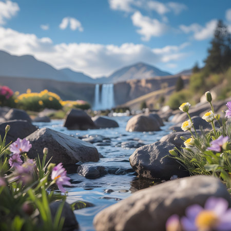 Beautiful spring landscape with wild flowers and a waterfall in the backgroundの素材