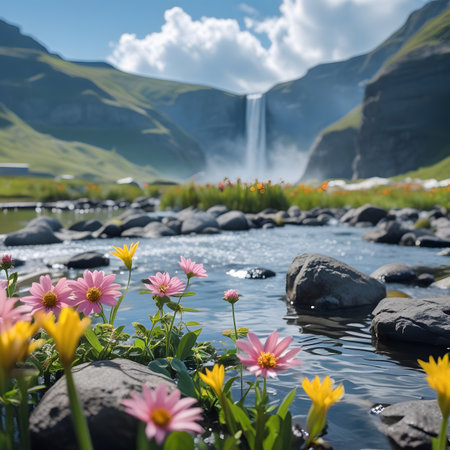 Waterfall and flowers on the background of mountains. Iceland, Europeの素材
