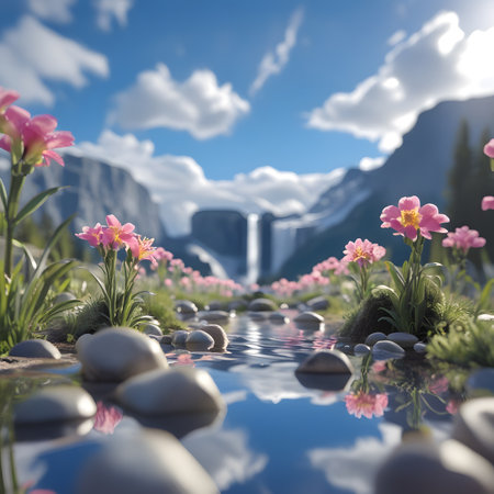 Beautiful spring flowers reflected in water, Glacier National Park, Montana, USAの素材