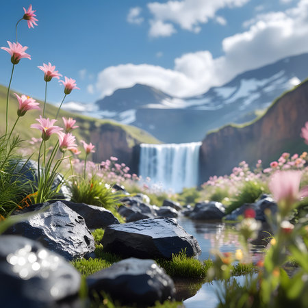 Fantasy landscape with waterfall and flowers in the foreground, Iceland, Europeの素材