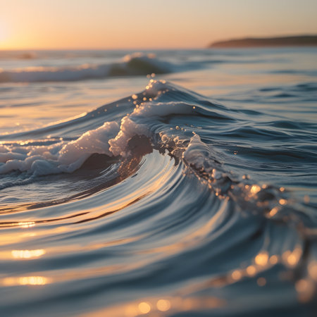 Beautiful sunset on the seashore. Waves and water splashes.の素材