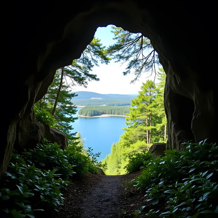 A view from the cave to the lake in the forest. Beautiful summer landscape.の素材