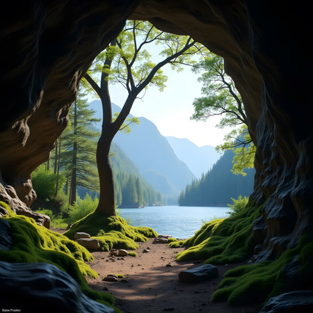 Mountain landscape with lake and trees in the cave. 3D renderingの素材