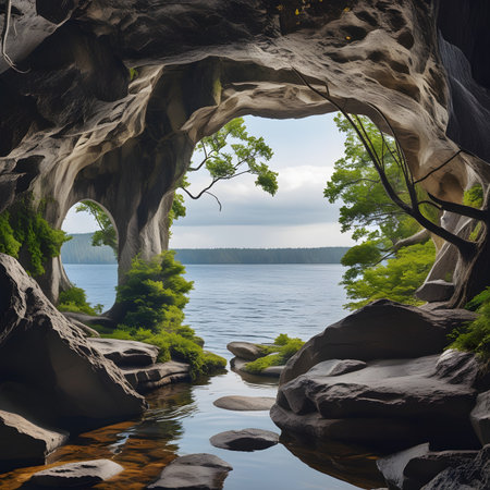 Beautiful view of the lake through a hole in the rock.の素材
