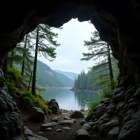 Beautiful view of a lake in the mountains through the cave.の素材