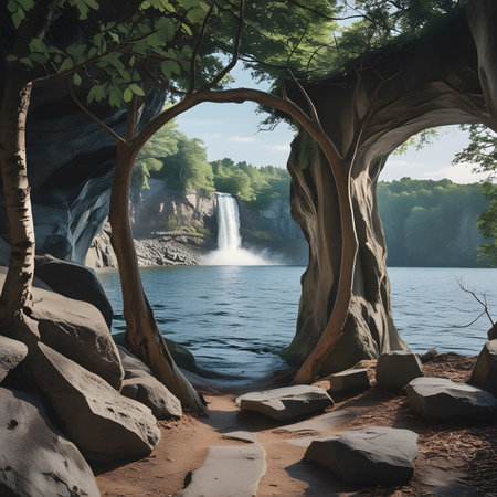 Beautiful waterfall in the forest. 3d rendering. Computer digital drawing.の素材