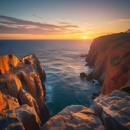 Sunset over the Atlantic Ocean in Portugal. Beautiful natural landscape.の素材