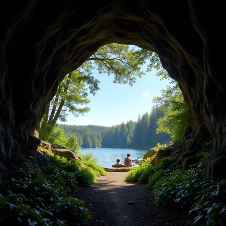 Beautiful view of the lake from the cave in the forest.の素材