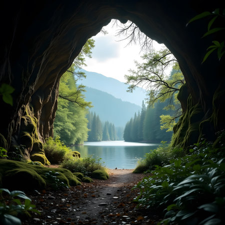 beautiful view of the lake in the forest in the mountains.の素材