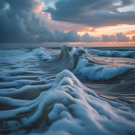 Beautiful seascape with wave on the beach at sunset.の素材