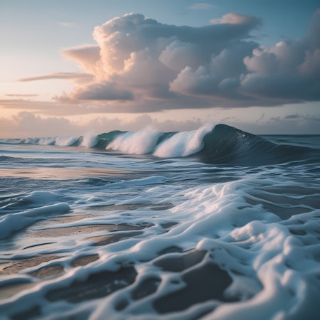 Beautiful seascape with ocean waves and sky at sunset time.の素材