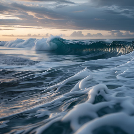 Waves in the ocean at sunset. Dramatic sky with clouds.の素材