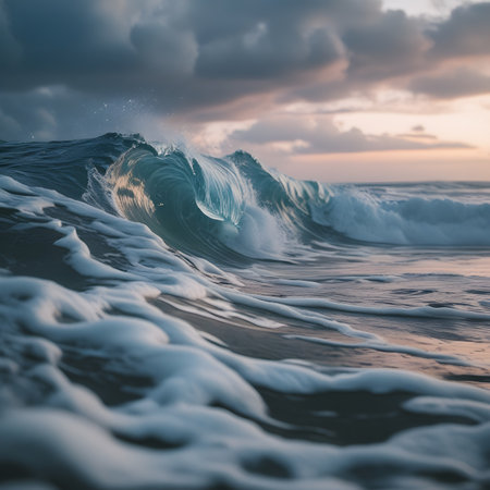 Ocean wave at sunset. Long exposure shot. Dramatic sky.の素材