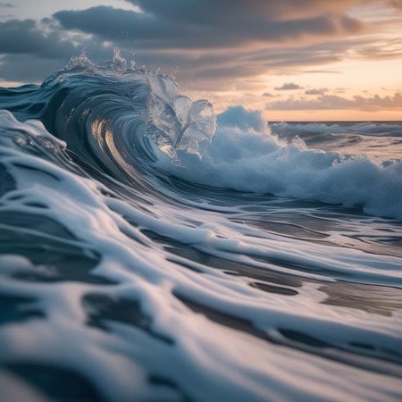 Blue ocean wave with splashes and ripples at sunset time.の素材