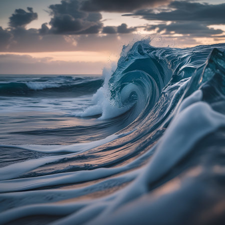 Beautiful seascape. Blue ocean wave at sunset. 3d renderingの素材