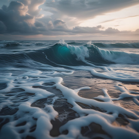 Waves breaking on the beach at sunset in Bali, Indonesiaの素材
