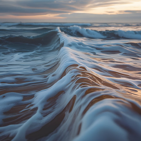 Beautiful seascape with sea waves at sunset. Nature backgroundの素材