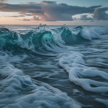 Waves breaking on the beach at sunset. Long exposure photo.の素材