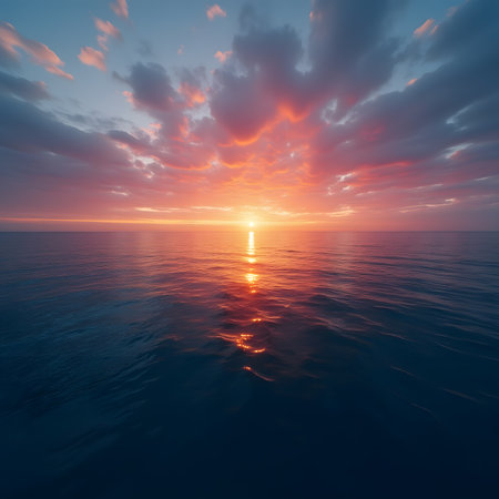 Beautiful sunset over the sea. Colorful sky with clouds.の素材