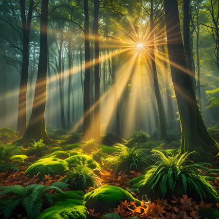 Fantasy forest with sunbeams in the morning. Nature backgroundの素材