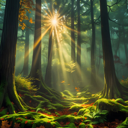 Fantasy forest with sun rays shining through tree trunks and leavesの素材