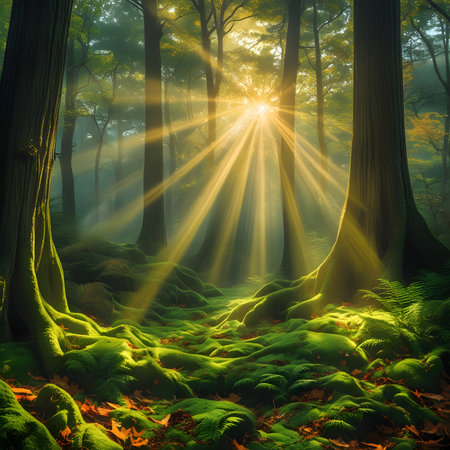 Fantasy forest with sunbeams and fog. Nature background.の素材